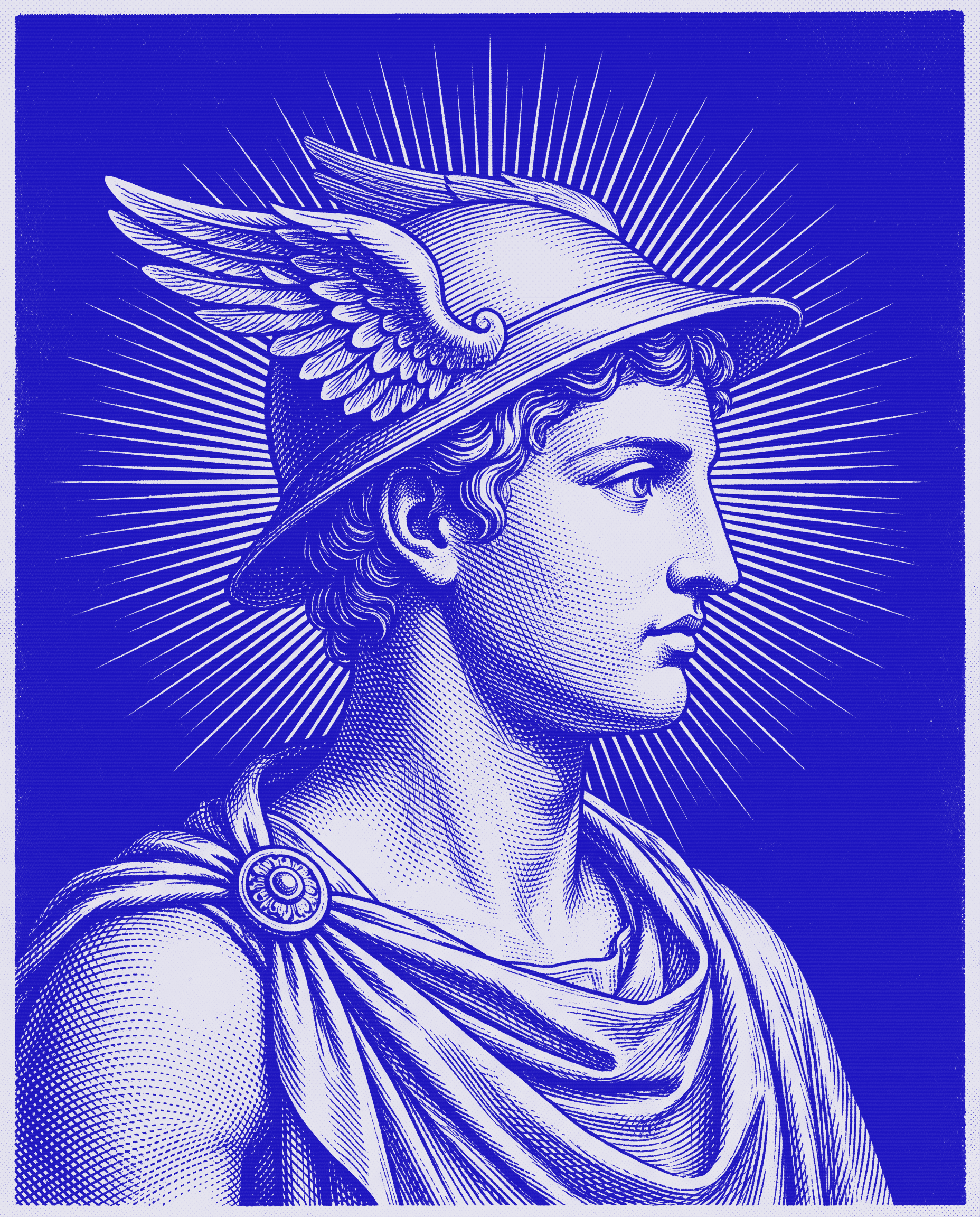 Classical engraving of Hermes in the Off Axis blue palette, the Hermes momentum tier