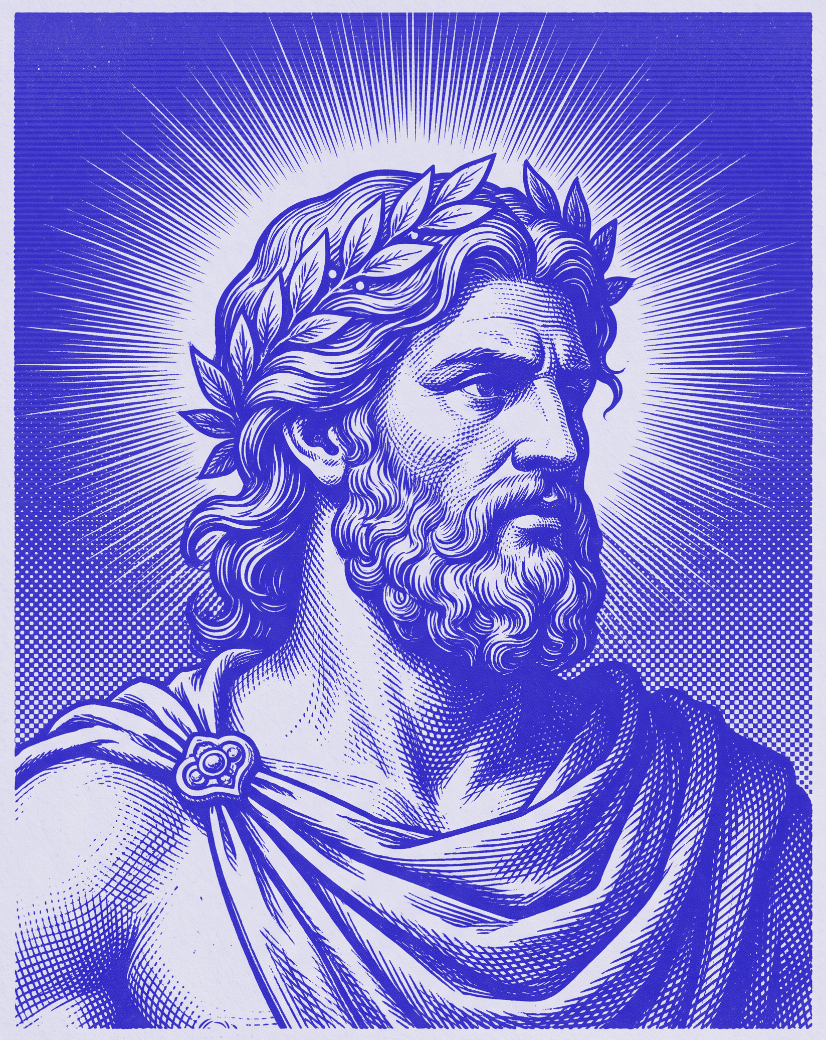Classical engraving of Odysseus in the Off Axis blue palette, the Odyssey partnership tier